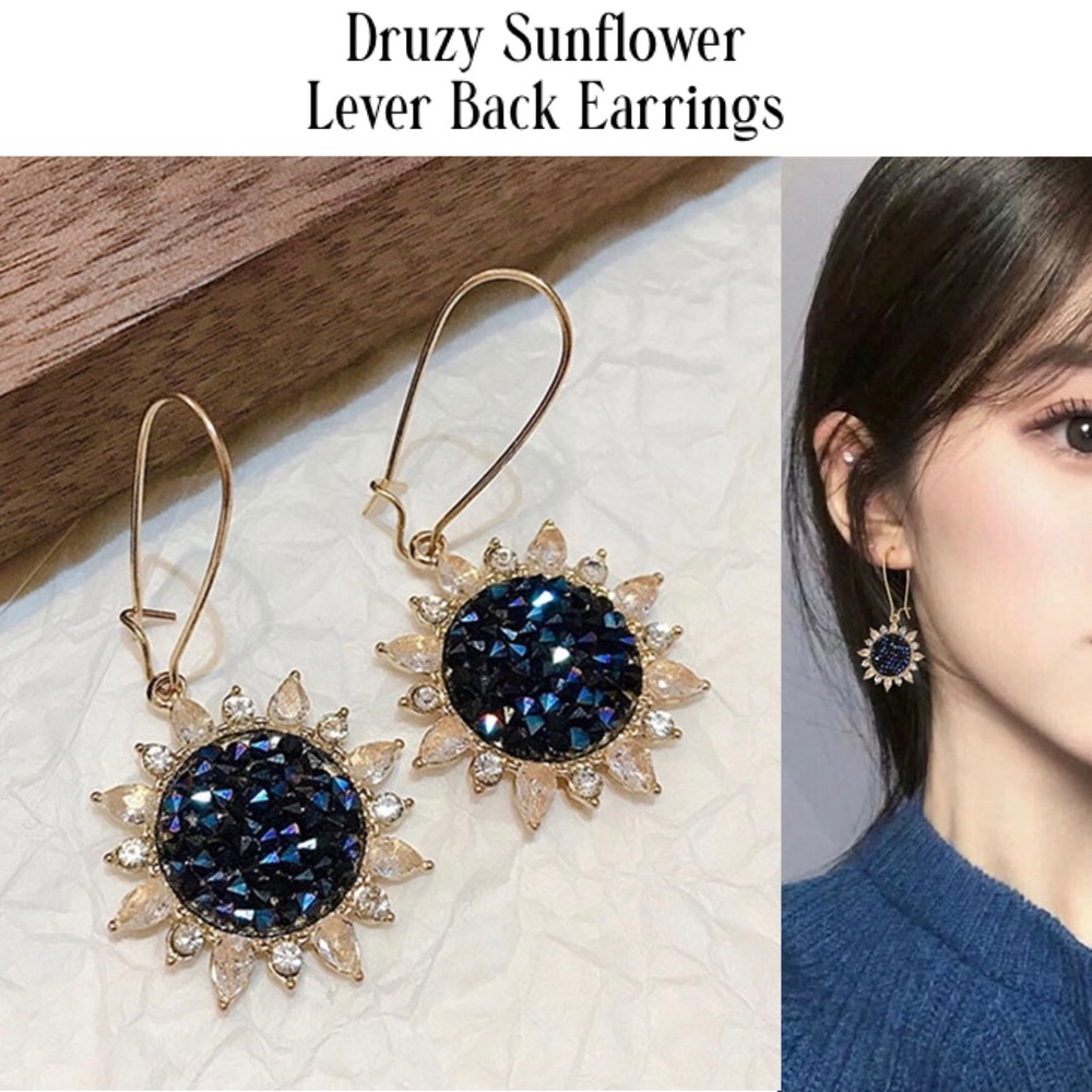 Divine Druzy Sunflower Lever Back Dangle Earrings